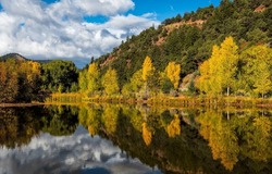 Reflection of a mountain forest in an autumn river. Autumn lake water. Lake water reflection in autumn. Autumn forest lake view
