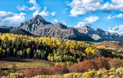 Forest in a mountain valley in autumn. Autumn in mountains. Mountain forest in autumn. Autumn mountain trees