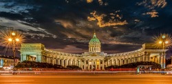 Panorama of the Kazan Cathedral in St. Petersburg in the evening. Beautiful Saint Petersburg in Russia. Russian Kazan Cathedral in Saint Petersburg. Travel in Russia