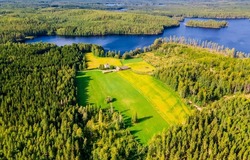 Forest farm by the river, bird's-eye view. Forest farm bird eye view. Farm in forest. Agriculture farm field in forest bird eye view