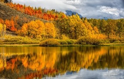 A forest lake surrounded by autumn foliage. Forest lake in autumn. Autumn forest lake. Forest lake in autumn landscape