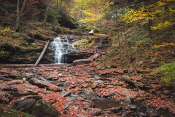Serene waterfall surrounded by Autumn colors in October 2020 at Ricket's Glen State Forest.