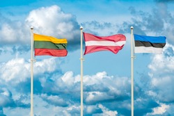 Flags of the Lithuania, Latvia and Estonia. Flags of the Baltic States waving on the sky background