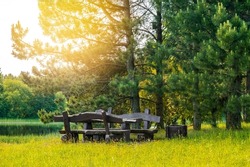 Rustic wooden table and benches under shady trees on the shores of a tranquil river or lake.