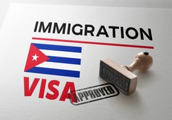 Cuba Visa Approved with Rubber Stamp and national flag