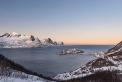 View of the fishing village Husoy, Husøy, Senja Island, Troms, Norway