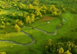 Zigzag River in the wild. Aerial view of small river in green field and forest in swamp. Natural Resource and Ecosystem. Wildlife Refuge Wetland Restoration. Green Nature Scenery. River in Wildlife. 