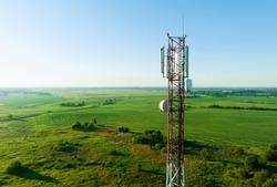 Mobile Tower installation. Cell site and Telecom Base Station. 5G internet online generation. Health Hazards Caused By Mobile Tower Radiation. Telecommunications and Wireless network. Wifi antenna.