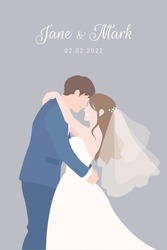 Bride in white dress and Groom in navy blue suit holding each other for their wedding ceremony invitation card vector couple characters on gray background.