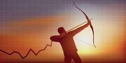 Concept of rising economic growth or increase in turnover, with as symbol, an archer who aims the summit to achieve his goal.