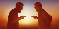 Concept of intolerance with a disagreement that turns into an argument between two angry men, who are opposing on a subject of contention.