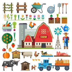 Farm in village. Elements for game: sprites and tile sets. Beds, tree, flowers, vegetables, fruits, hay, farm building, animals, farmer, tractor, tools. Vector flat  illustrations
