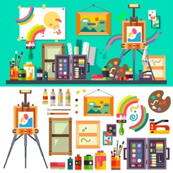 Art studio interior with all tools and materials for painting and creature.  The source of inspiration for the artist. Preparations for exhibition, paint, pictures, brushes
Vector flat illustration