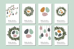 Set of Easter cards. Cute easter egg, nest, branch and leaves. Eco decoration. Vector flat cartoon illustration. Perfect for poster, print, card, invitation, greeting, tag