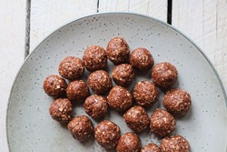 Healthy Chocolate Almond Oat Bliss Balls. Raw Dessert Vegan Truffles