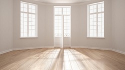 Empty room with big windows ad parquet floor, minimalist classic interior design