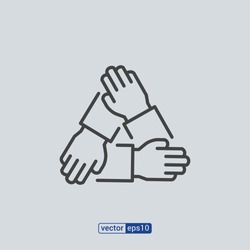 three hands support each other, concept of teamwork, icon vector