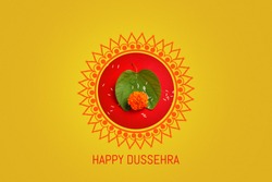 Happy Dussehra greeting card , green leaf and Rice,Indian festival Dussehra