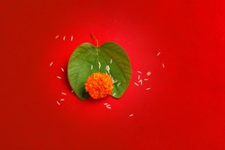 Happy Dussehra greeting card , green leaf and rice,Indian festival dussehra