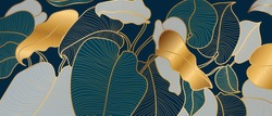 Luxury golden art deco wallpaper. Nature background vector. Floral pattern with golden split-leaf Philodendron plant with monstera plant line art on green emerald color background