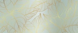 Luxury golden art deco wallpaper. Floral pattern with golden split-leaf Philodendron plant with monstera plant line art on green emerald color background. Vector illustration.