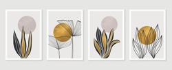 Gold Botanical wall art vector set. Earth tone boho foliage line art drawing with  abstract shape.  Abstract Plant Art design for print, cover, wallpaper, Minimal and  natural wall art.