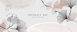 Abstract watercolor art background vector. Gingko and botanical line art wallpaper. Luxury cover design with text, golden texture and brush style. floral art for wall decoration and prints. 