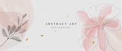 Abstract art botanical pink background vector. Luxury wallpaper with pink and earth tone watercolor, leaf, flower, tree and gold glitter. Minimal Design for text, packaging, prints, wall decoration.