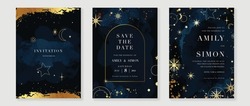 Star and moon themed wedding invitation vector template collection. Gold and luxury save the dated card with watercolor and gold sparkles and brush texture. Starry night cover design background.