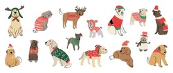 The Cutest Christmas Puppies vector set. Christmas Dog Outfits. Cute dog with Santa hat, reindeer horn for holiday season. Vector illustration.