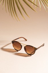 Trendy sunglasses still life in minimal stile. Womens sunglasses on a beige background with golden palm leaf - summer fashion concept. Fashionable accessories. Optic store discount, sale. Vertical