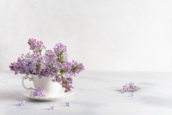 A porcelain cup with lilac flowers in it. Home decoration. Springtime vibes. Tender floral greeting card, poster, invitation design, background. Copy space for text. Floral shop.