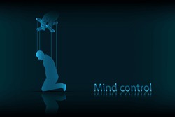 Mind control. The concept of mind control, in the form of a person controlled like a puppet, on a dark blue background. Vector graphics.