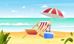 Beach umbrella, chair and fridge cooler with cocktail and sunglasses on it. Flat vector illustration, summer vacation and travel concept. Sea background with sky