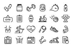 Set of Thin line icons Fitness and Sport. Collection Outline symbol fitness, gym and health care
