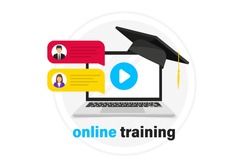 Online Webinar concept, distance education. Live streaming. Online webinar. Video conference. Online training in laptop. Graduation hat on notebook. Video chat, podcast, online course, video lecture