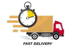 Shipping fast delivery truck with clock. Online delivery service. Express delivery, quick move. Fast shipping truck for apps and websites. Line cargo van moving fast. Chronometer, fast service 24 7