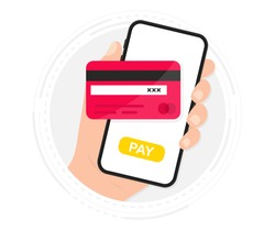 Mobile Payment. Smartphone with Online Payment. Credit card on screen phone. Online shopping. NFC payments. Banking, Finance app and e-payment. Pay by credit card via electronic wallet wirelessly