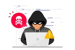 Hacker, Cyber criminal with laptop stealing user personal data. Hacker attack and web security. Internet phishing concept. Hacker in black hood with laptop trying to cyber attack. Programming Code
