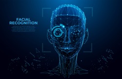 Face Recognition. Cyber women, Robot face. Facial Recognition System concept. biometric scanning, 3D scanning. Face ID. Identification of a person. Polygon vector wireframe concept. Virtual scan