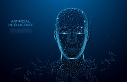 Human head created in low poly style. Man face polygon light. Emotional Intelligence allegory AI. Facial Recognition System concept. biometric scanning, 3D scanning. Polygon vector wireframe concept. 