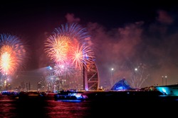 New year eve skyline fireworks. Iconic landmarks. Dubai, United Arab Emirates. 