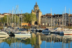 Panorama view of the harbour and city centre of La Rochelle, France in summer