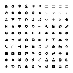 Set of 100 Solid UI icons for web and mobile design. Contains such icons as Home, Notification, Profile, Settings, Arrows, Log In, Favorite, Message, Calendar, Phone, Clock, Attachment, Download