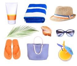 Summer resort objects collage isolated.Beach staff accessories set.Towel,hat,bag.