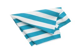 Folded kitchen cloth,dish towel. Food advertisement design napkin. Blu and white striped dishcloth. Cooking decor element.