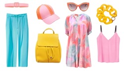 Female summer clothing set isolated on white. Collection of women clothes.Girl's apparel collage. Pink, yellow, blue colors garment. Beautiful elegant outlook.