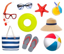 Summer beach items set isolated on white. Tourist beach objects.Colorful swiming things collection.