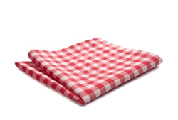 Red checkered folded cloth isolated.Picnic kitchen towel on white background.Food decor element.