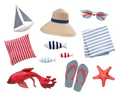 Summer beach items set isolated on white. Marine objects.Colorful sea collection. Collage of vocation things